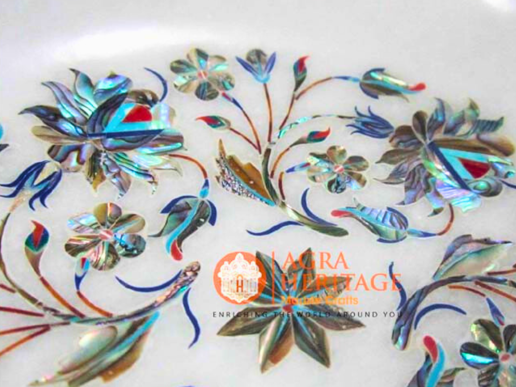 Abalone Pauashell Stone Inlay Floral Work Serving Bowl